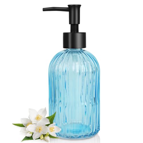 Stripe Glass Soap Dispenser with Black Plastic Pump (Plastic Pump / Light Blue)