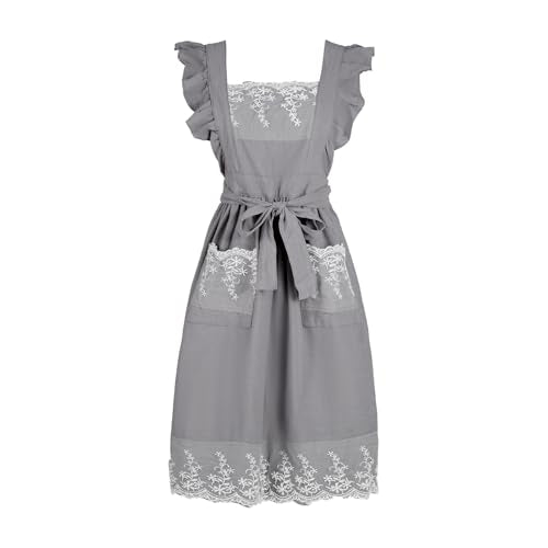 Aoomzoom Vintage Aprons for Woman with Pockets Cute Lace Ruffle Adjustable Apron for Cooking Kitchen Baking Gardening (Sky Grey)