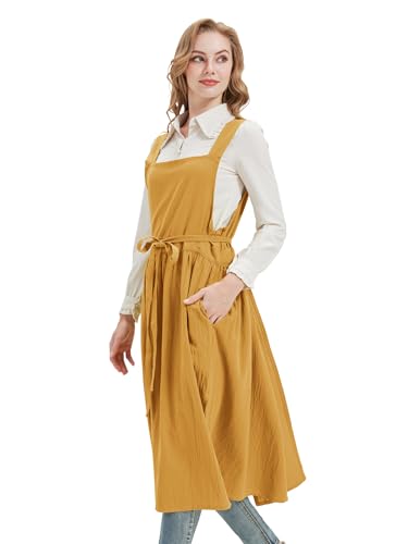 Cotton Apron Pinafore Dress for Women with Pockets Vintage Apron (Lightcoffee)