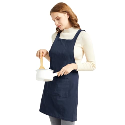 Aprons for Women with Pockets Plus Size Comfort Cross Back No Tie Cotton Linen Apron Pinafore for Cooking Painting Floral Arrangement Gardening Cleaning Small (Navy / Small)