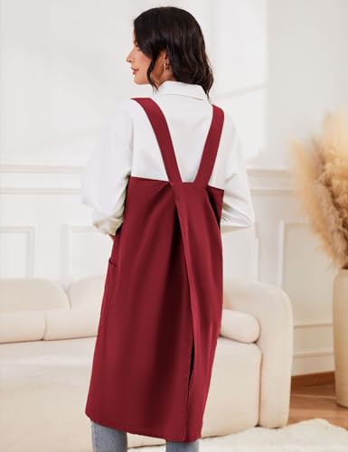 Women's Cotton Cross Back Pinafore with Big Pockets Practical Aprons for Gardening Works (3X-Large / Wine)