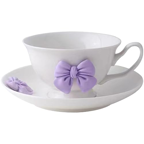 Bow Coffee Mugs Set with Saucer 200 ML Coquette Mug Porcelain Bow Cute Tea Cup Coffee for Women Girl (Purple Bow Coffee Mug)