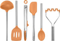 Silicone Cooking Utensil Set of 6 Stainless Steel Handle Ladle Slotted Turner Tongs Flex Core Spatula Scraper Mixing Spoon & Potato Masher (Apricot)