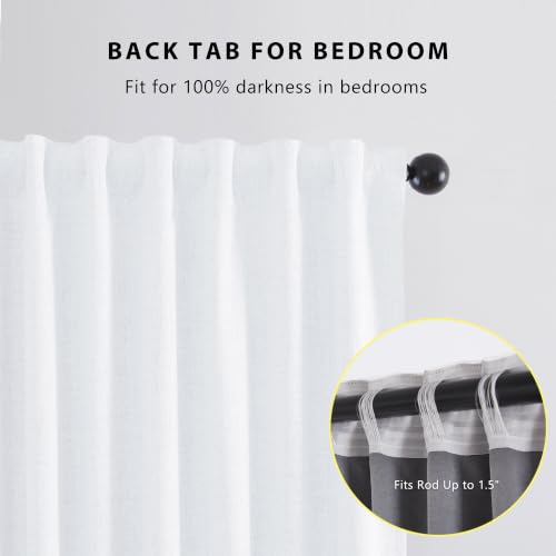 100% Blackout Linen Curtains for Bedroom Living Room 84 Inch Long (White/Linen Total Blackout / 52"W x 84"L (Pack of 2))