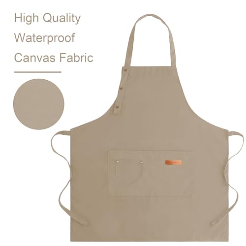 Apron for Men Women with Adjustable Straps and Large Pockets (Beige)