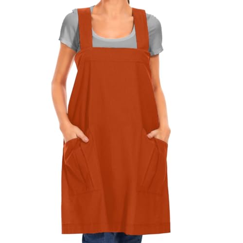 Women's Cotton Cross Back Apron Pinafore Dress with Big Pockets Loose Square Apron for Baking Cooking Gardening (Orange / Small)