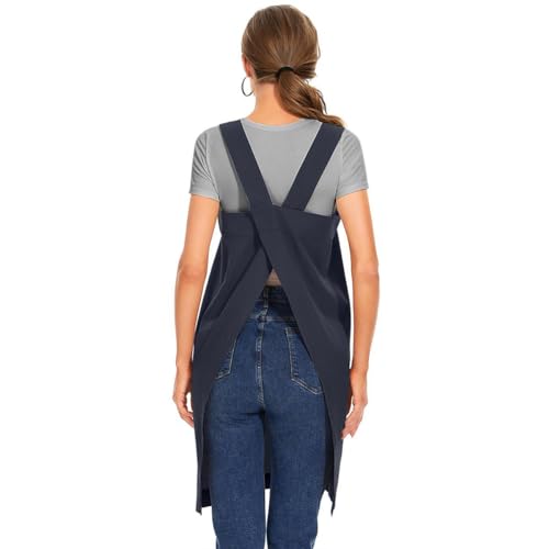 Women's Cotton Cross Back Apron Pinafore Dress with Big Pockets Loose Square Apron for Baking Cooking Gardening (Dark Blue / X-Large)