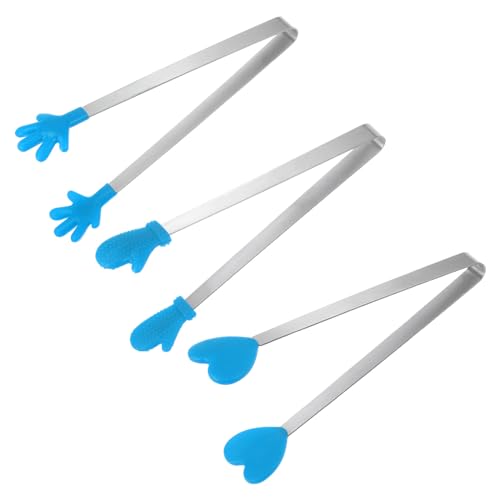 Mini Food Tongs 5.5" Pattern Shape Stainless Steel with Silicon Tips Small Cooking Tongs Kitchen Food Tongs Serving Tongs for Cooking Grilling BBQ Barbecue Kitchen (Blue)