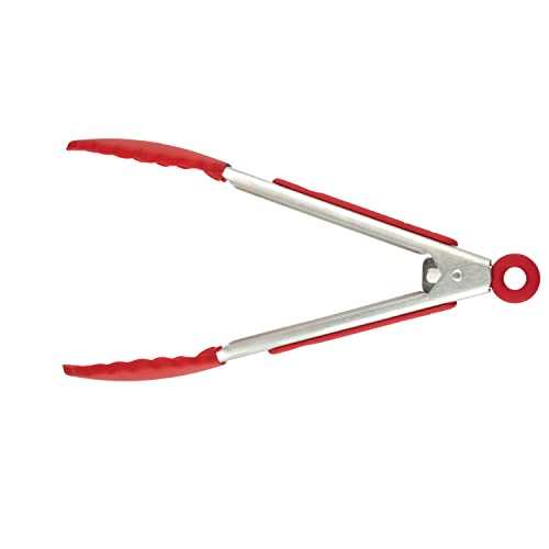 Small Tongs with Silicone Tips 8.25 Inch Mini Kitchen Tongs for Serving Appetizers Salads Ice Stainless Steel Metal Tongs for Cooking (Cayenne)