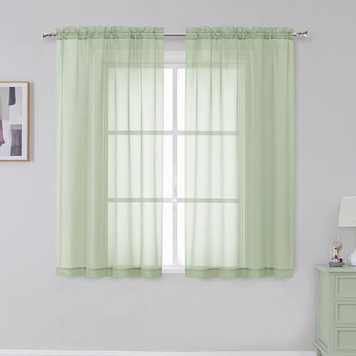 Rod Pocket Top Solid Voile Sheer Curtains for Bedroom (Light Green / 42"W x 54"L (Pack of 2))