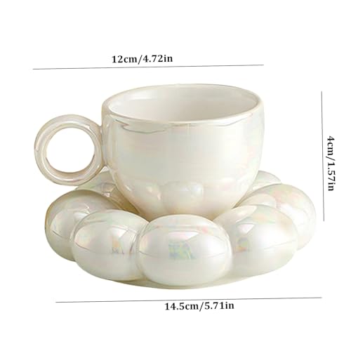 Ceramic Coffee Mug with Spoon Travel Sunflower Cloud Mug with Saucer 200ML Afternoon Tea Cup for Latte (White)