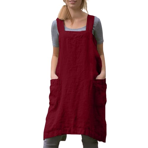 Women Apron with 2 Pockets Cotton Linen Kitchen Baking Cooking Chef Cross Back Pinafore Dress for Work Restaurant Gardening (Medium / Wine Red)