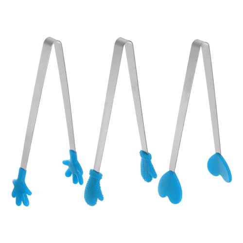 Mini Food Tongs 5.5" Pattern Shape Stainless Steel with Silicon Tips Small Cooking Tongs Kitchen Food Tongs Serving Tongs for Cooking Grilling BBQ Barbecue Kitchen (Blue)