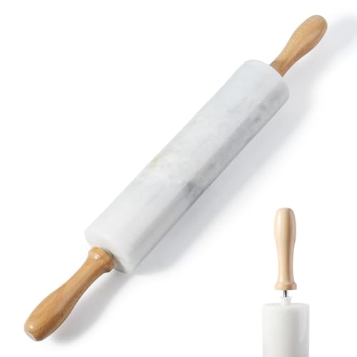 White Marble Rolling Pin With Wooden Handles & Wood Cradle (Namib Fantasy White)