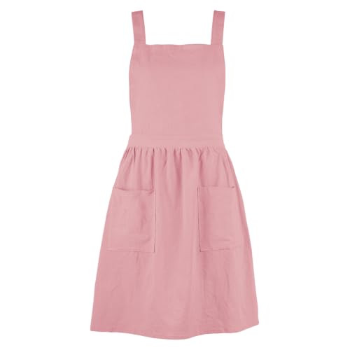 Linen Cotton Pinafore Apron Dress for Women with Pockets (Pink)