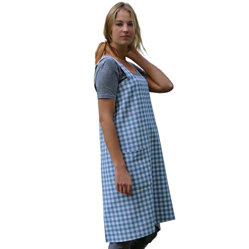 Women's Pinafore Square Apron Baking Cooking Gardening Works Cross Back Cotton (3X-Large / Plaid-skyblue)