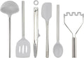 Silicone Cooking Utensil Set of 6 Stainless Steel Handle Ladle Slotted Turner Tongs Flex Core Spatula Scraper Mixing Spoon & Potato Masher (Oyster Gray)