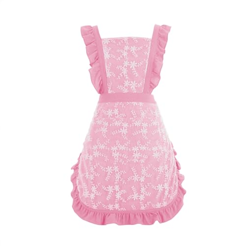 Vintage Pinafore Apron Dress for Women with Pockets Cute Floral Chef Aprons for Kitchen Cooking Baking Gardening (Pink)