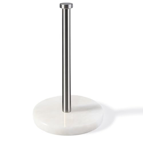 African Genuine Marble Paper Towel Holder Countertop (White Marble-silver Rod / 6" Marble Base)