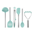Silicone Cooking Utensil Set of 6 Stainless Steel Handle Ladle Slotted Turner Tongs Flex Core Spatula Scraper Mixing Spoon & Masher (Aqua)