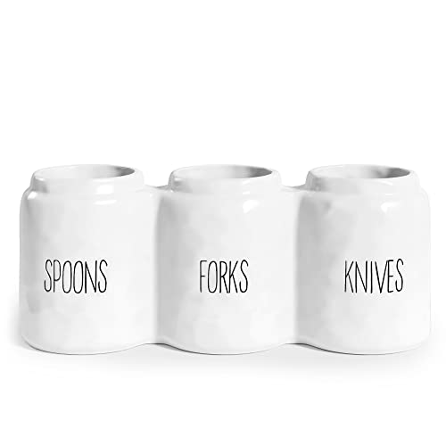 Ceramic Silverware Caddy Utensil Holder 12.5” x 5” (White)