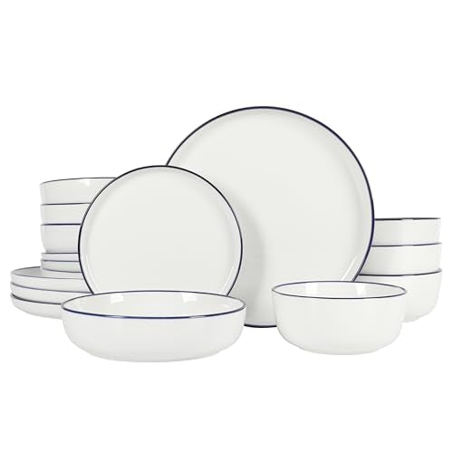 Oslo 16 Piece Porcelain Ceramic Chip & Scratch Resistant Dishes (White w/ Blue Rim (Oslo) / Service for 4 (16pcs))