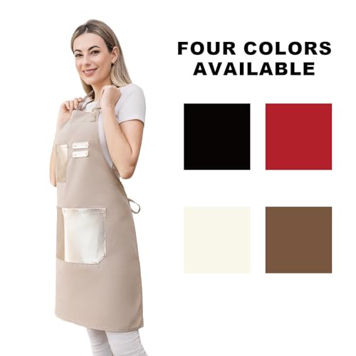 Barista Tools Apron for Women Hairstylists Servers Waterproof Canvas Kitchen Apron with 3 Pockets for Cooking Gardening (Ivory)
