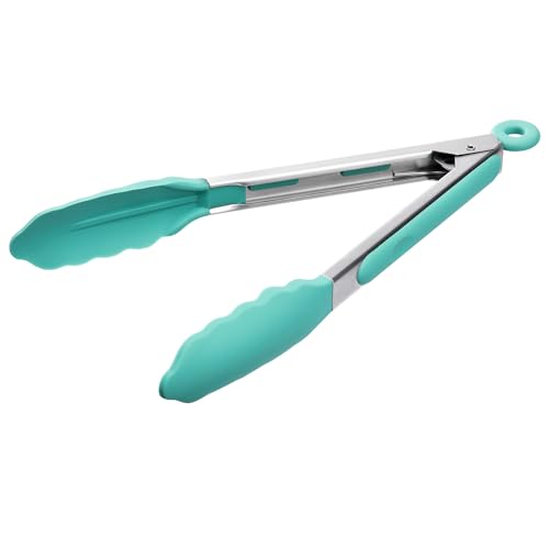 Kitchen Tongs with Silicone Tips for Cooking Serving (9in / Aqua Sky)