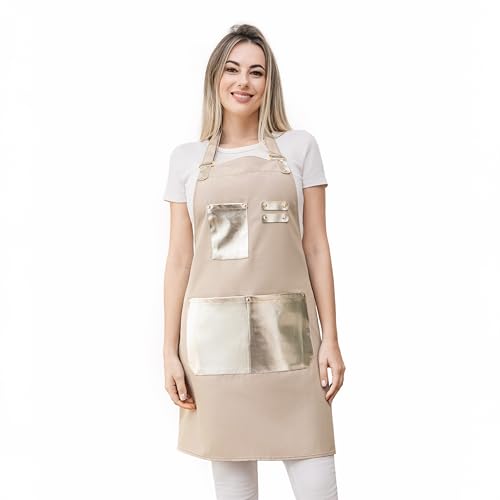 Barista Tools Apron for Women Hairstylists Servers Waterproof Canvas Kitchen Apron with 3 Pockets for Cooking Gardening (Ivory)