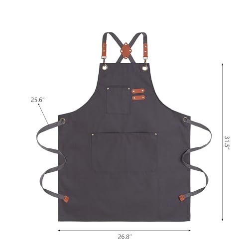 Chef Aprons for Men Canvas Apron with Large Pockets and Adjustable Neck Strap for Cooking (Grey)