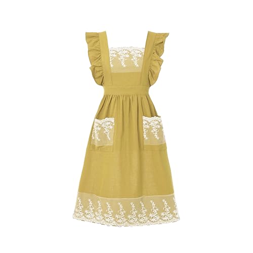 Aoomzoom Vintage Aprons for Woman with Pockets Cute Lace Ruffle Adjustable Apron for Cooking Kitchen Baking Gardening (Lemon Yellow)