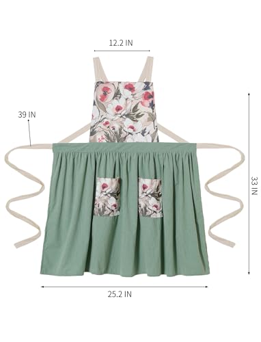 Vintage Pinafore Apron Dress for Women with Pockets Cute Floral Chef Aprons for Kitchen Cooking Baking Gardening (Sage Green)