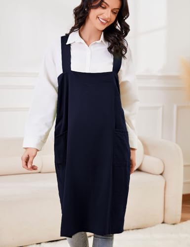 Women's Cotton Cross Back Pinafore with Big Pockets Practical Aprons for Gardening Works (X-Large / Navy)