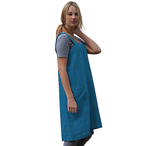 Women's Cross Back Pinafore Apron with Large Pockets Home Kitchen (Small / Lake Blue)