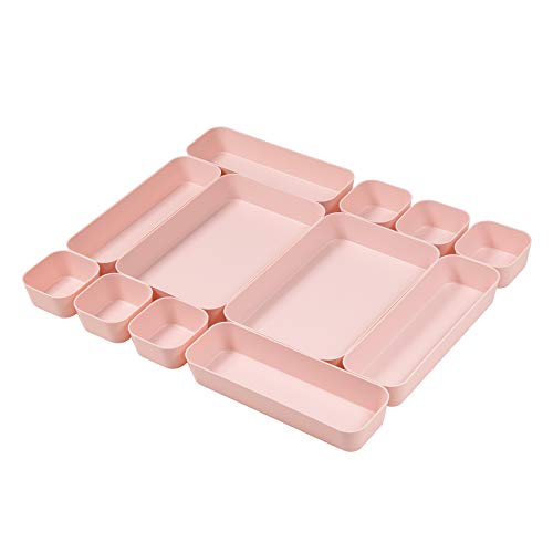 Set Of 12 Pink Color Plastic Desk Drawer Organizers For Makeup Bathroom Office Kitchen Vanity Drawer Storage Box Container (Pink)