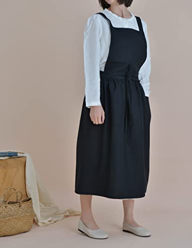 Women Cotton Linen Cross Back Apron with Pockets for Gardening Works Pinafore Dress Black (Black)