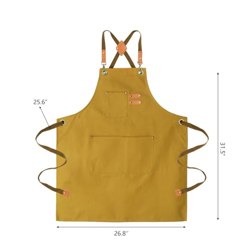Chef Aprons for Men Canvas Apron with Large Pockets and Adjustable Neck Strap for Cooking (Brown)