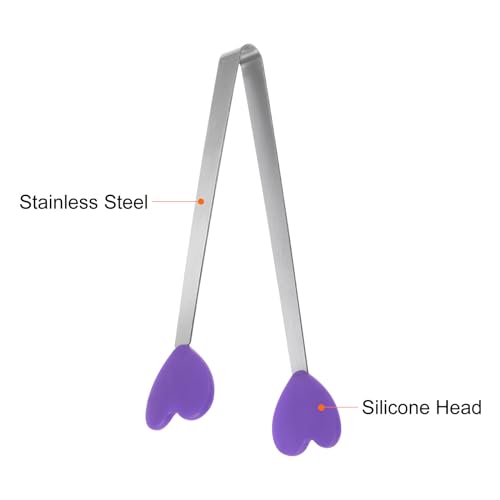 Mini Food Tongs 5.3" Heart Shape Stainless Steel with Silicon Tips Small Cooking Tongs Kitchen Food Tongs Serving Tongs for Cooking Grilling BBQ Barbecue Kitchen (Purple)