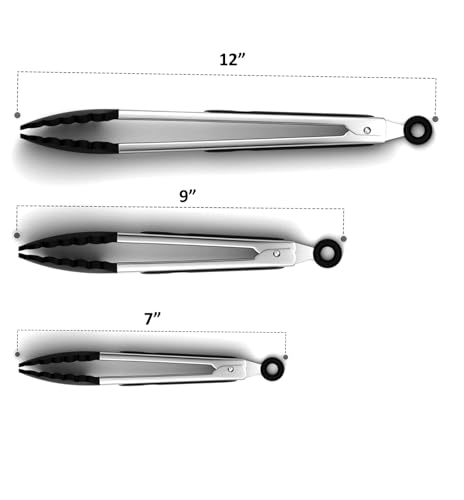 Black Stainless Steel Tongs Set (Black / 7", 9" & 12" inch)