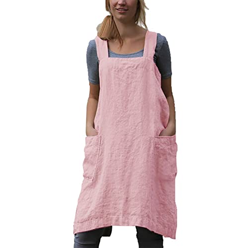 Cotton Linen Apron Cross Back Apron for Women with Pockets Pinafore Dress for Baking Cooking (Pink / XX-Large)