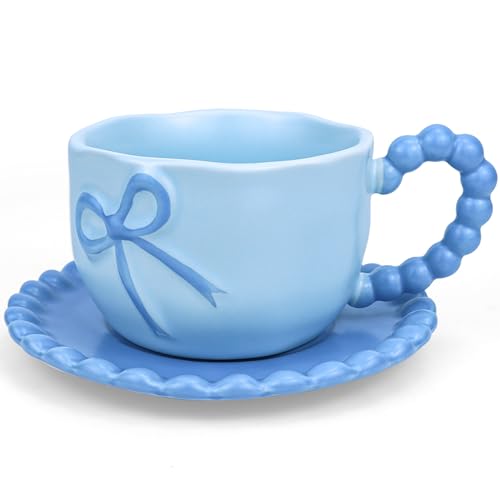 Bow Coffee Mug Blue Coquette Coffee Mugs Set with Saucer 12 OZ Porcelain Tea Cup Bow Cute Mug for Women Girl (#B Blue Bow Coffee Mug)