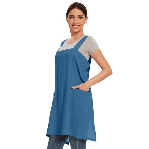 Women Apron with 2 Pockets Cotton Linen Kitchen Baking Cooking Chef Cross Back Pinafore Dress for Work Restaurant Gardening (Medium / Lake Blue)