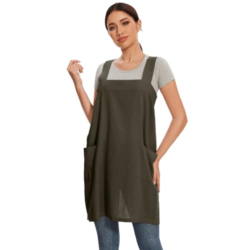 Women Apron with 2 Pockets Cotton Linen Kitchen Baking Cooking Chef Cross Back Pinafore Dress for Work Restaurant Gardening (Large / Military Green)