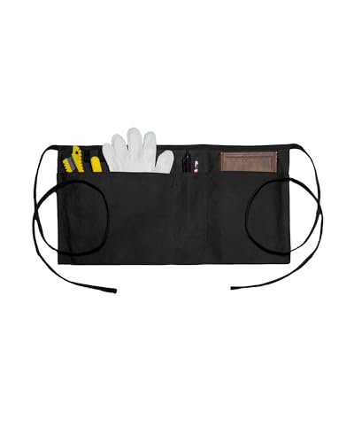 Short Canvas Work Waist Tool Apron with 3 Pockets (1 Pack Black Waist Utility Apron)