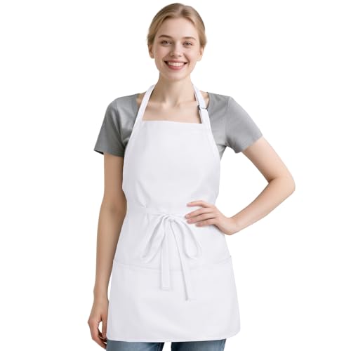 Kitchen Cooking Apron with 3 Pockets (White)