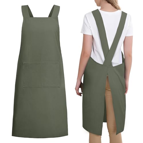 Japanese Style Apron with Pockets Linen Cotton Cross Back for Women Men Chef Kitchen Cooking Baking Pinafore Green 1 pack (01-green)