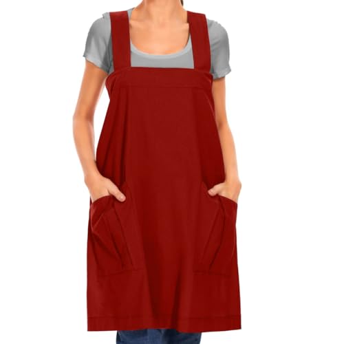 Women's Cotton Cross Back Apron Pinafore Dress with Big Pockets Loose Square Apron for Baking Cooking Gardening (Red / Small)