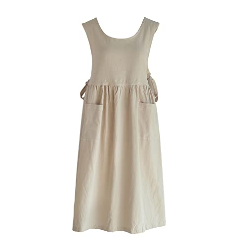 Cotton Apron Women Split Plus Size Bib with Pockets for Cooking (Beige)