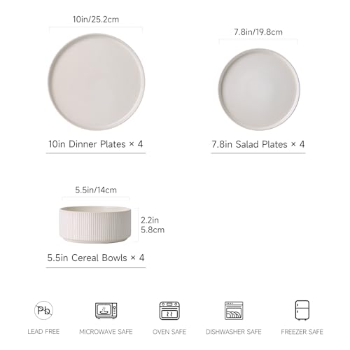 Stoneware Dinnerware Sets for 4 (Matte White / 4-Set(12pcs))