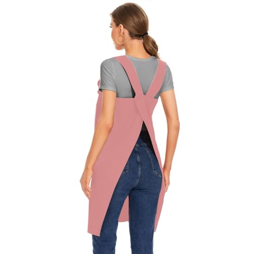 Women's Cotton Cross Back Apron Pinafore Dress with Big Pockets Loose Square Apron for Baking Cooking Gardening (Pink / Small)